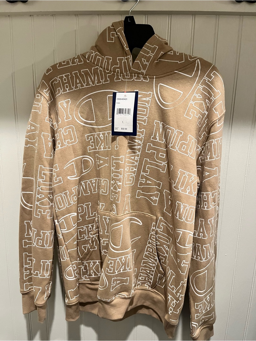 Champion Kid’s Tan Crewneck Hoodie with White Logo Print size large 14/16 New!